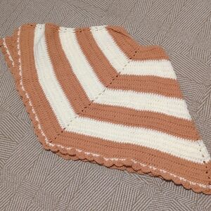 Handmade Crocheted Small Christmas Tree Skirt Cream Tan Peach Rust Striped Shawl